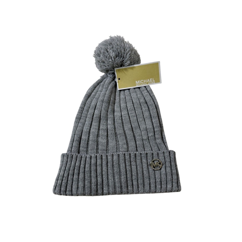 Michael Kors Beanie Hat Grey Ribbed Knit Pom Pom Winter Cozy Designer NWT